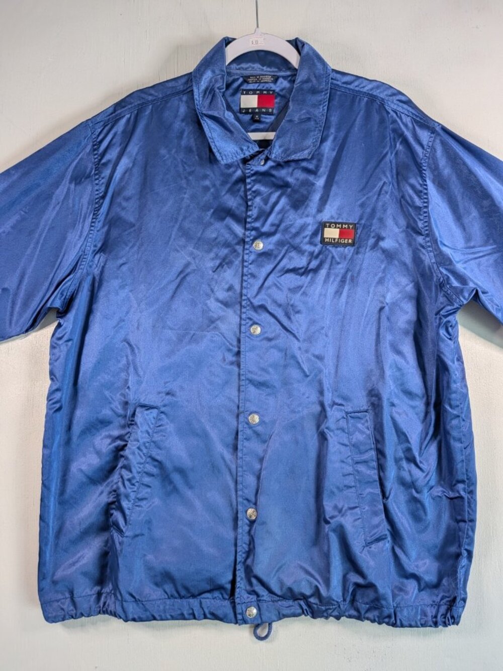 Vintage 90s Tommy Jeans Hilfiger Windbreaker Snap Jacket Mens M Blue Satin Nylon